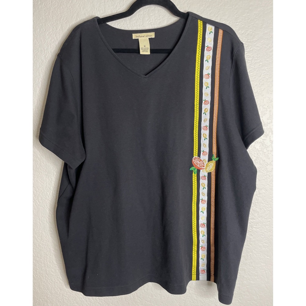 Vintage Bechamel 1X Black Colorful Shirt Top Embroidered Fruit Lemons Oranges